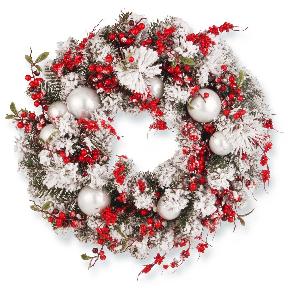 24in. Red/White Artificial Ornament Christmas Wreath - 24" (SNOWY GREEN) | Bed Bath & Beyond