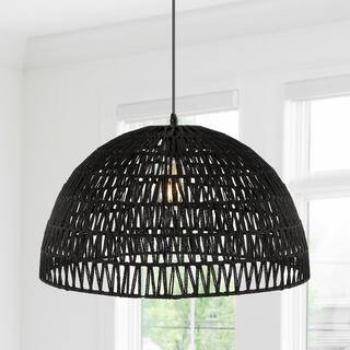 Campana 20 in. 1-Light Black Bohemian Modern Woven Rattan/Iron LED Pendant | The Home Depot