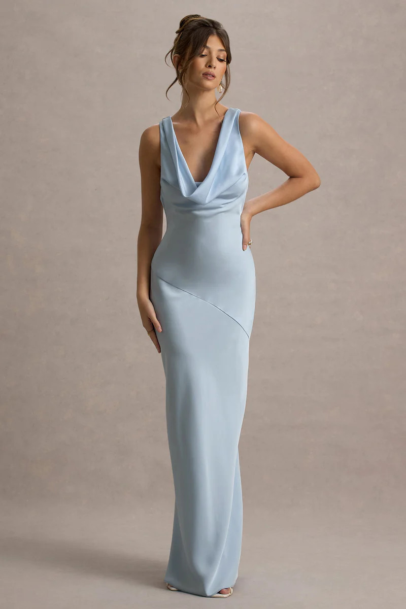 Alesso  Powder Blue Satin Cowl-Neck Maxi Dress | Club L London