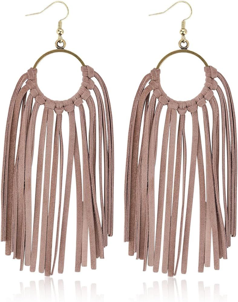 Western Leather Tassel Earrings Bohemian Handmade Fringe Dangle Drop Earrings for Women Girls | Amazon (US)