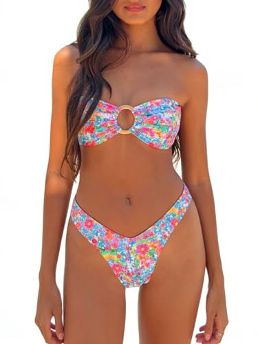 Alyweatry Women Floral Bandeau Bikini Set O Ring Strapless Tie Back Bikini Top High Cut Cheeky Thong Bathing Suit (Colorful Floral, S) | Amazon (US)