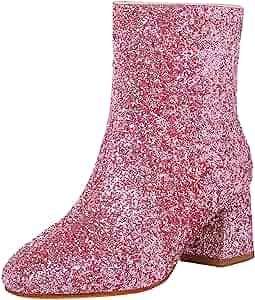 FIFSY Women Sparkly Ankle Boots Sequin Glitter Booties Chunky High Heels | Amazon (US)
