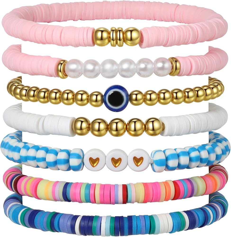 Trendy Friendship Bracelets Set - Heishi Stackable Polymer Clay Beaded Stretch Bracelets for Wome... | Amazon (US)