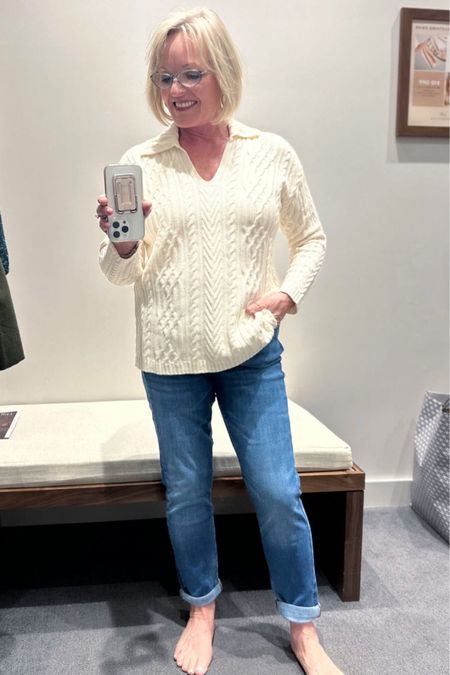This cables polo sweater from J.Jill is so soft and on trend with the polo collar. I paired it with the boyfriend jeans for a casual fall outfit.

#jjill #jjillfashion #fallfashion #falloutfit #fashion #fashionover50 #fashionover60 #polosweater #cabledsweater #boyfriendjeans