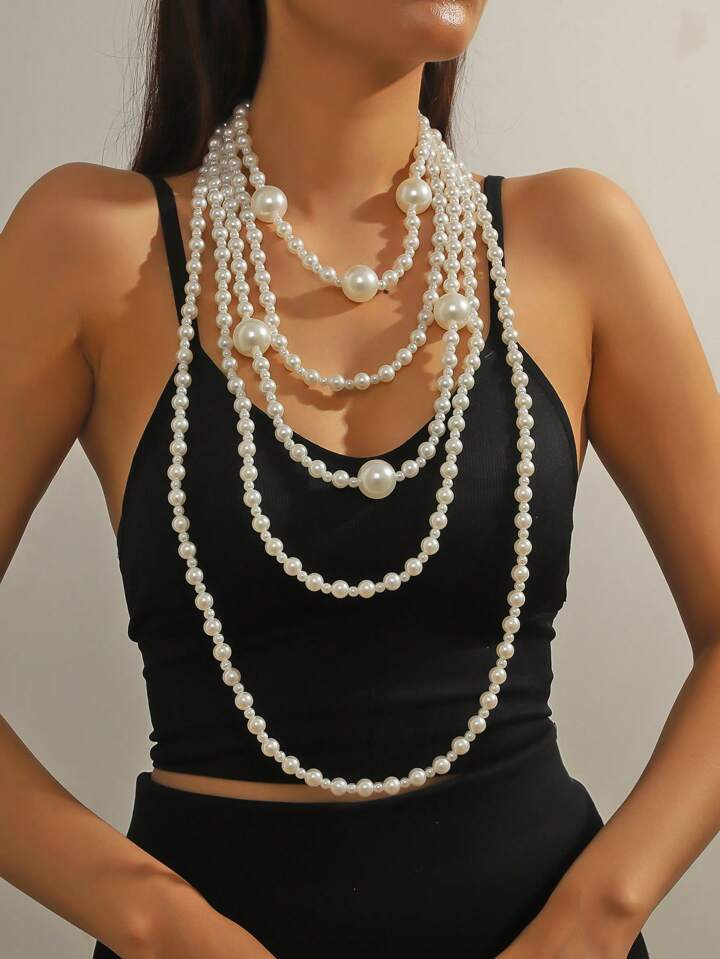 1pc Fashionable Faux Pearl Layered Necklace New Vintage Bohemian Long Necklace With High-End Feel... | SHEIN