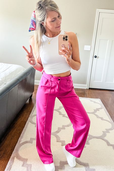 Casual take on these pink pants from Shein.

White sneakers, flat form, flatform, spring style, spring break, white crop top, wide leg pantz

#LTKunder50 #LTKshoecrush #LTKstyletip