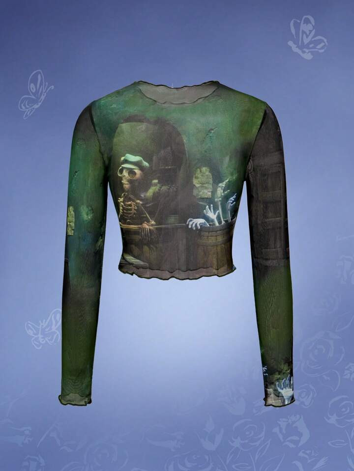 Corpse Bride | ROMWE Women's Cartoon Character And Skeleton Printed Lettuce Trim Crop Top With Sheer, Summer, School | SHEIN