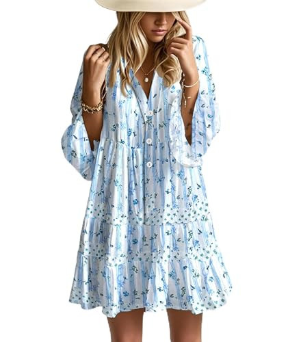 Opemiby Summer Dresses for Women 2026 Flowy Ruffle 3/4 Sleeve V Neck Tiered Casual Babydoll Boho Beach Mini Dress Blue White Flowers M | Amazon (US)