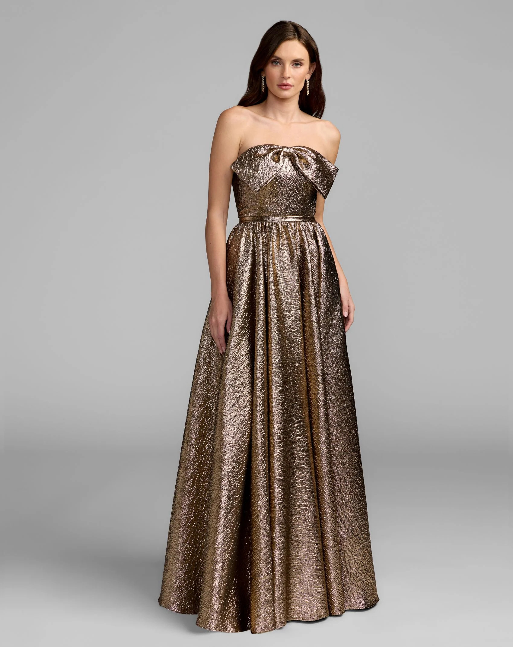 Gold Strapless Metallic Gown With Bow Detail | Mac Duggal | Mac Duggal