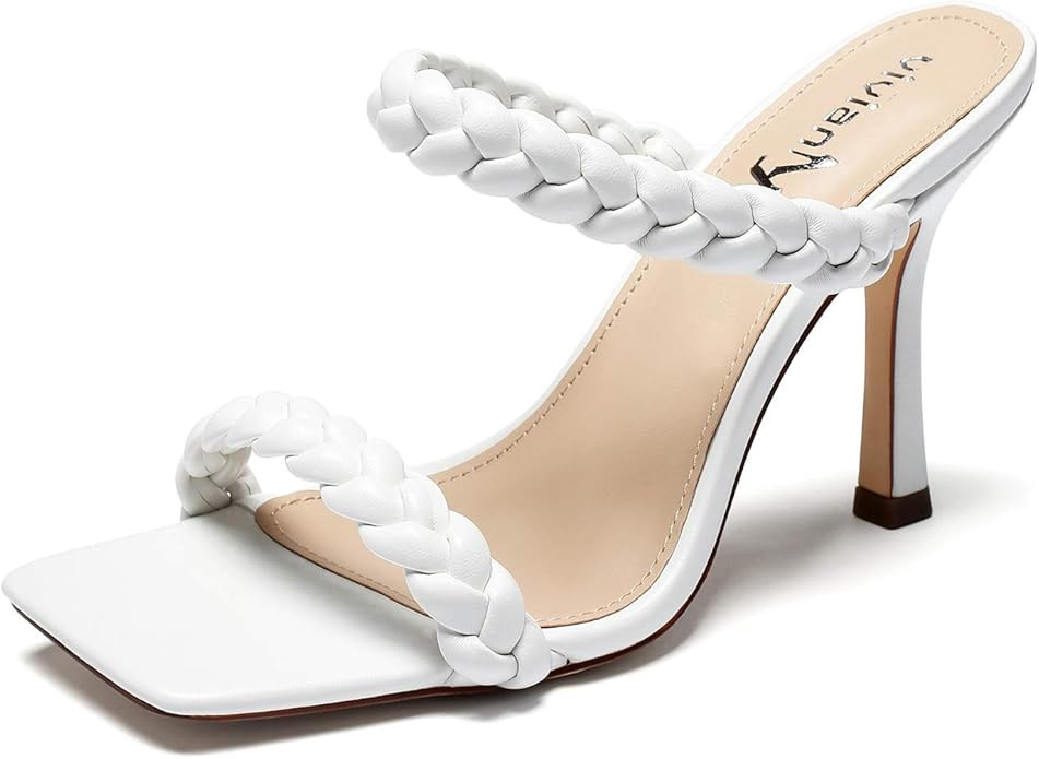 vivianly Women Sexy Woven Stiletto Heel Double Braided Strap Sandals Open Toe Slip on Mules Slipp... | Amazon (US)