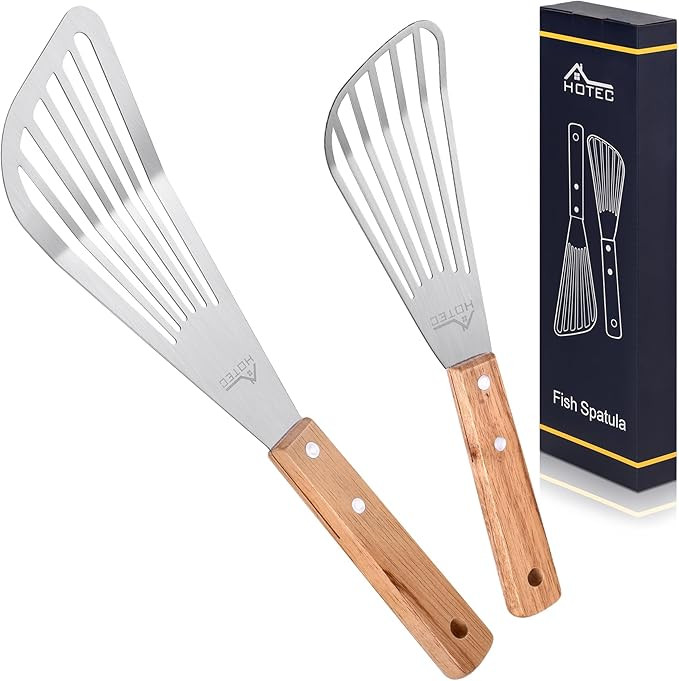 HOTEC Stainless Steel Thin Slotted Fish Turner Spatula, Wooden handle with Sloped Head Design, Du... | Amazon (US)