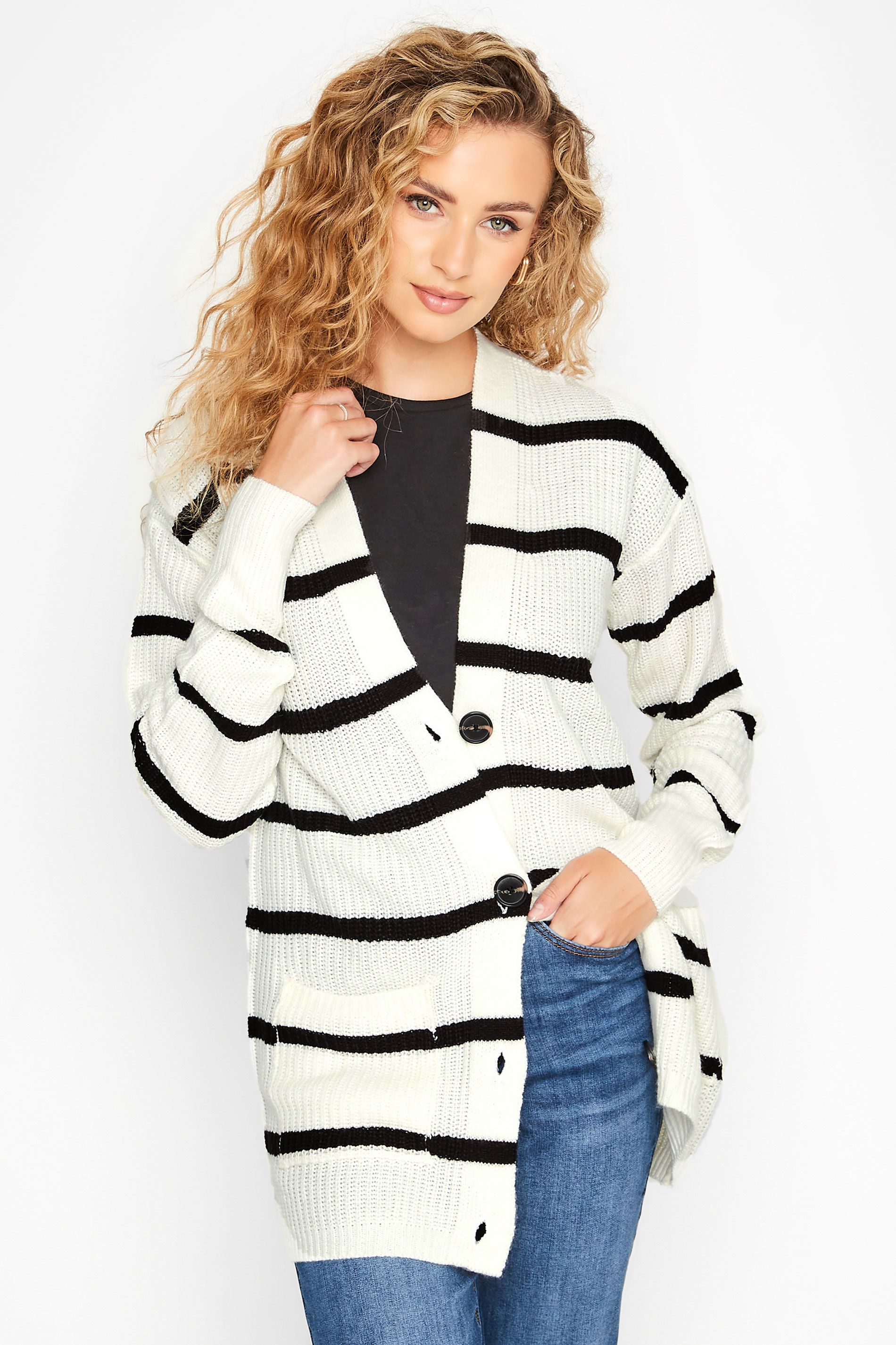 LTS Tall White Stripe Knitted Cardigan | Long Tall Sally