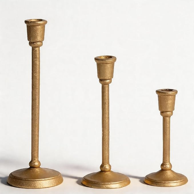 Gold Taper Candle Holders Set of 3, Heavy Cast Iron Candlesticks with Antique Brass Finish, Sturd... | Amazon (US)
