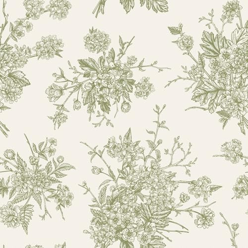Green Floral Wallpaper Peel and Stick Beige Cream Wallpaper Flower Contact Paper Removable Wall Paper Vinyl Vintage Peel and Stick Countertops Cabinets Bedroom Accent Walls 17.5"x102" Self Adhesive | Amazon (US)