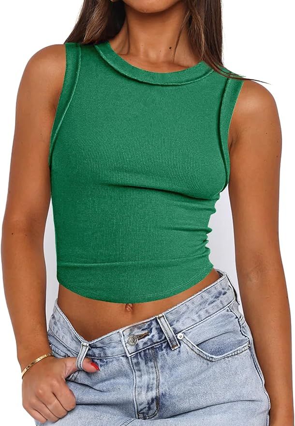 Zeagoo Women's High Neck Ribbed Tank Tops 2024 Summer Sleeveless Crop Tops Slim Fit Going Out Bas... | Amazon (US)