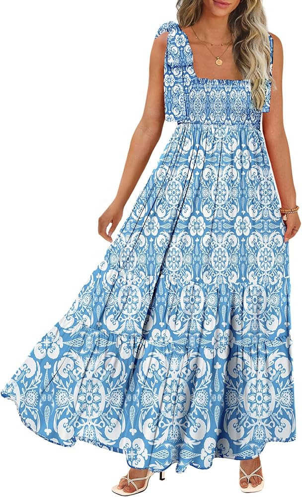 Women's Summer Maxi Dress Boho Spaghetti Straps Casual Long A-line Smocked Beach Dress Square Nec... | Amazon (US)