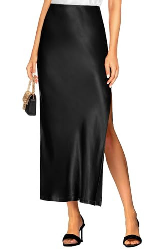 Women's 2024 Summer Satin Maxi Skirts High Waisted Fall Silk Casual A-Line Cocktail Party Long Skirt with Side Slit Black | Amazon (US)