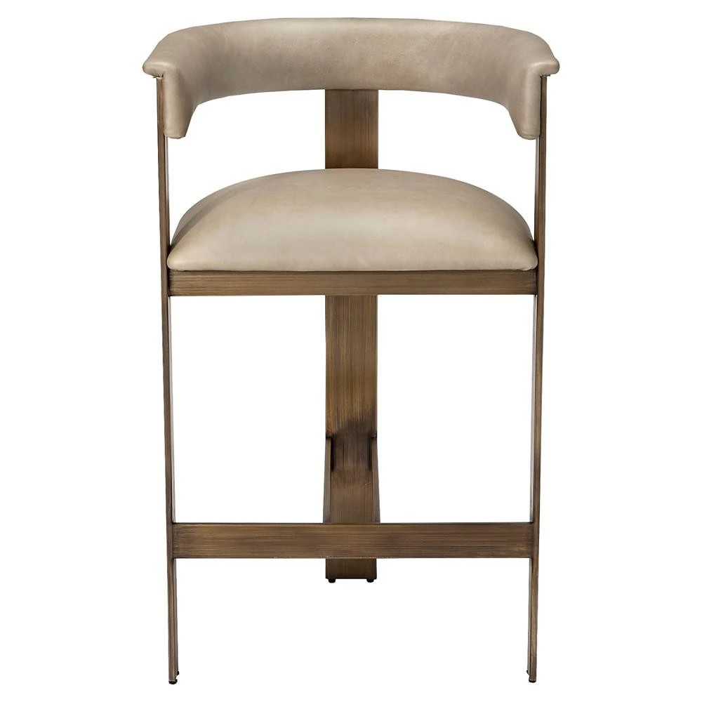 Darcy Mid Century Taupe Leather Bronze Stainless Steel Counter Stool | Kathy Kuo Home