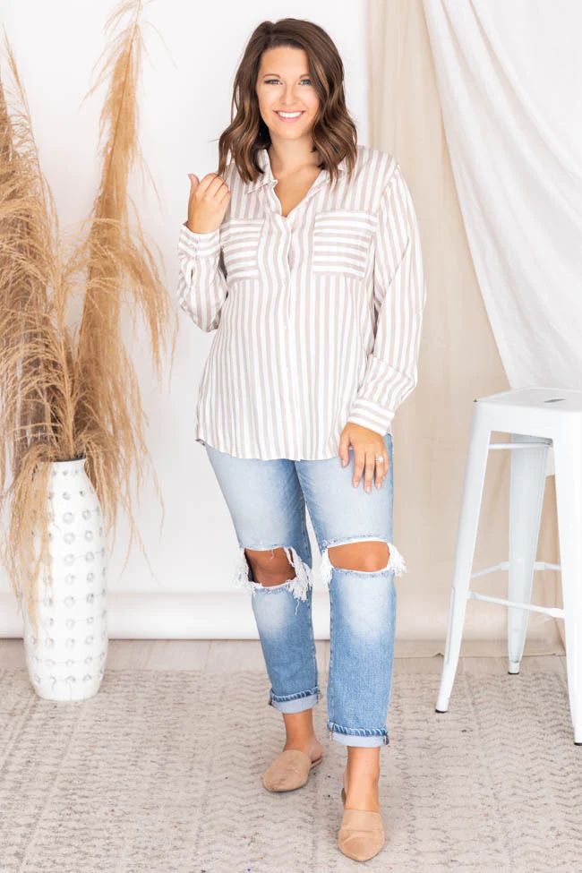 Early Mornings Taupe Striped Button Front Blouse | The Pink Lily Boutique