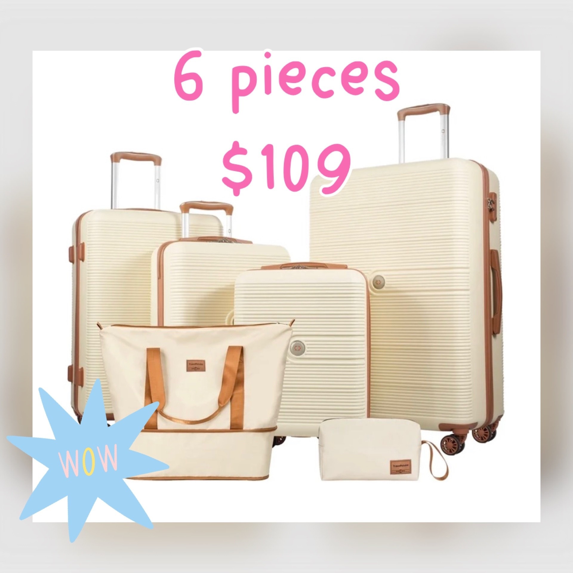 Walmart Luggage Deal ✈️🤍

Planning a getaway? This Walmart luggage set is such a chic travel find! 🤍 This 6-piece set includes multiple hard-shell suitcases, a weekender bag, and a matching toiletry pouch, giving you everything you need for weekend trips, family vacations, and longer adventures.

I love the elevated cream color with tan trim—it looks so much more expensive than it is! The lightweight hard-shell design helps protect your belongings while the spinner wheels make navigating airports effortless. Plus, the nesting design makes storage easy when you’re not traveling.

Walmart has this set marked down, making it a great time to upgrade your travel essentials before your next trip. ✈️🌴☀️

Walmart deals, luggage set, travel essentials, hard shell luggage, neutral luggage set, affordable travel finds, spinner luggage, carry on suitcase, checked luggage, family travel essentials, vacation packing, airport style, travel organization, Walmart travel deals. 🤍🧳✨

#LTKTravel #LTKmomlife #LTKSaleAlert