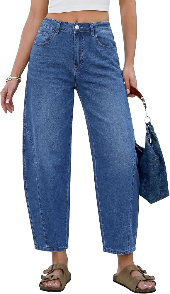 GRAPENT Barrel Jeans for Women Cropped Trendy High Waisted Baggy Side Seamed Casual Stretchy Deni... | Amazon (US)