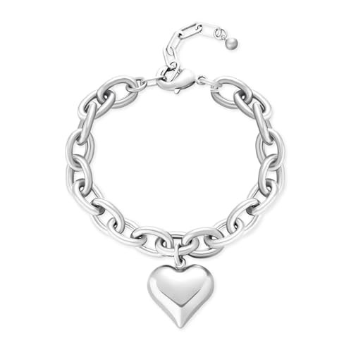 HolidayQbee Silver Bracelets For Women With Heart Charm Chain Link Bracelet Silver Charm Bracelet Heart Bracelet Unique Heart Charm Bracelet Fashion Jewelry | Amazon (US)