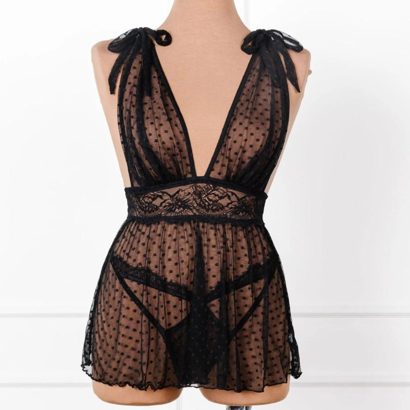 Polka Dot Mesh Babydoll - Black | Mentionables