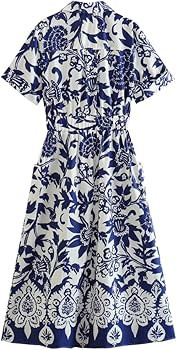 Women with Belt Floral Print Midi Dress Vintage Short Sleeve Front Button Female Dresses | Amazon (US)