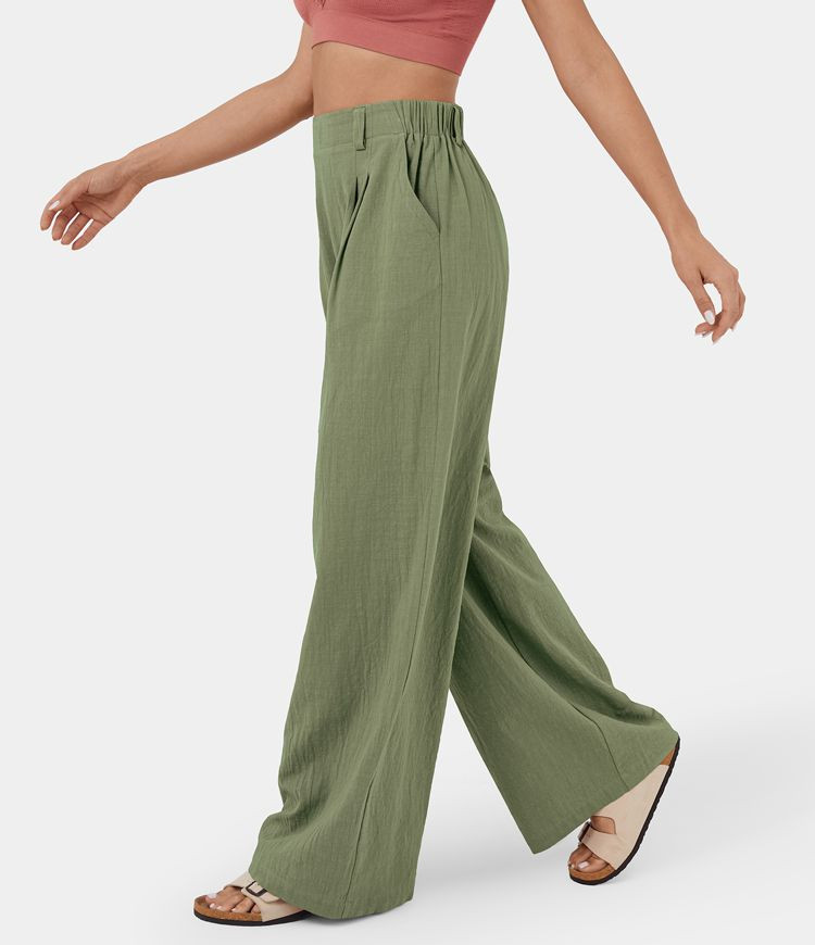 Women’s High Waisted Plicated Side Pocket Wide Leg Flowy Solid Palazzo Casual Cotton Pants - HA... | HALARA