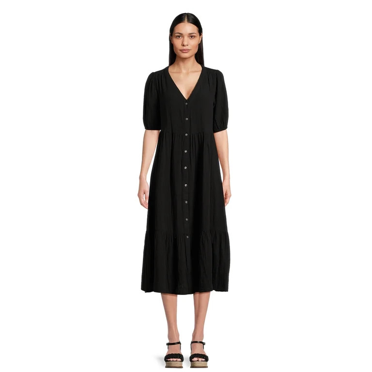 Time and Tru Women’s Tiered Midi Dress with Short Sleeves, Sizes XS-XXXL | Walmart (US)