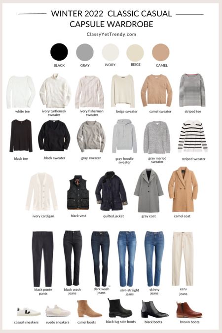 My Winter 2022 Classic Casual Neutral Capsule Wardrobe from my closet. ❄️

See everything in my capsule wardrobe, along with all shopping links, at https://classyyettrendy.com/2022/12/my-29-piece-winter-2022-classic-casual-neutral-capsule-wardrobe.html/

My brandy color boots are the Nisolo Everyday Chelsea Boot.  Get 20% off these boots by using my discount code "CLASSYYETTRENDY20" at Nisolo.com

#capsulewardrobe #shopyourcloset #buylesswearmore #buylesschoosewell #buylessbuybetter #teamlessismore #sustainablewardrobe  #casualstyle #readytowear #lookdujour  #easyoutfit #effortlesschic #effortlessstyle #dailyfashion #parisianstyle #parisiennestyle #parisianchic #simplestyle #simplechic #neutralstyle #neutralaboutit #classicoutfit #classicstyle #outfitflatlay #flatlaytoday #nisolo #inmynisolos #founditonamazon #amazonfashion
