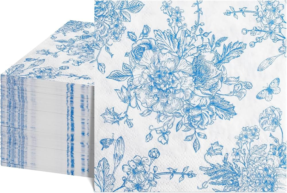 NatNarr 100 Pcs Blue Floral Napkins, Blue and White Toile Napkins Vintage Flower Butterfly Design... | Amazon (US)