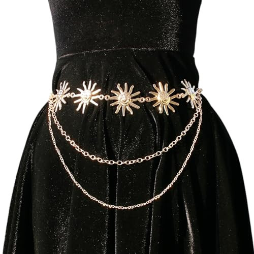 Sun Celestial Gold Chain Belt for Waist or Hip Moon Star Boho Greek Goddess Toga Chunky Jewelry Belt Gypsy Cleopatra Fairy Egyptian Golden Renaissance Statement Body Chain for Skirt Jumpsuit Dresses | Amazon (US)
