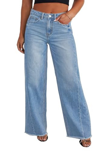 Eytino Plus Size Jeans for Women Back Elastic Waisted Wide Leg Stretchy Denim Pants with Pockets,2X Light Blue | Amazon (US)