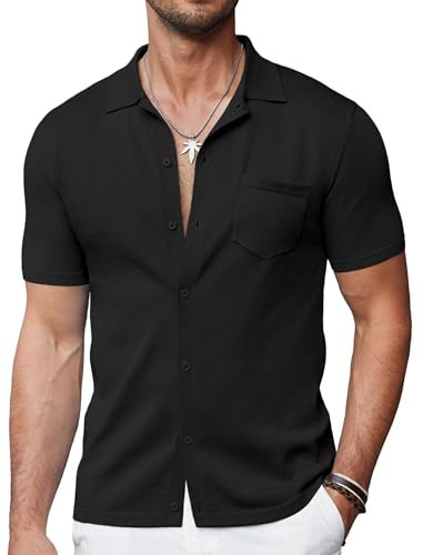 COOFANDY Men Beach Short Sleeve Button Up Shirt Casual Fashion Summer Polo Shirt Black | Amazon (US)