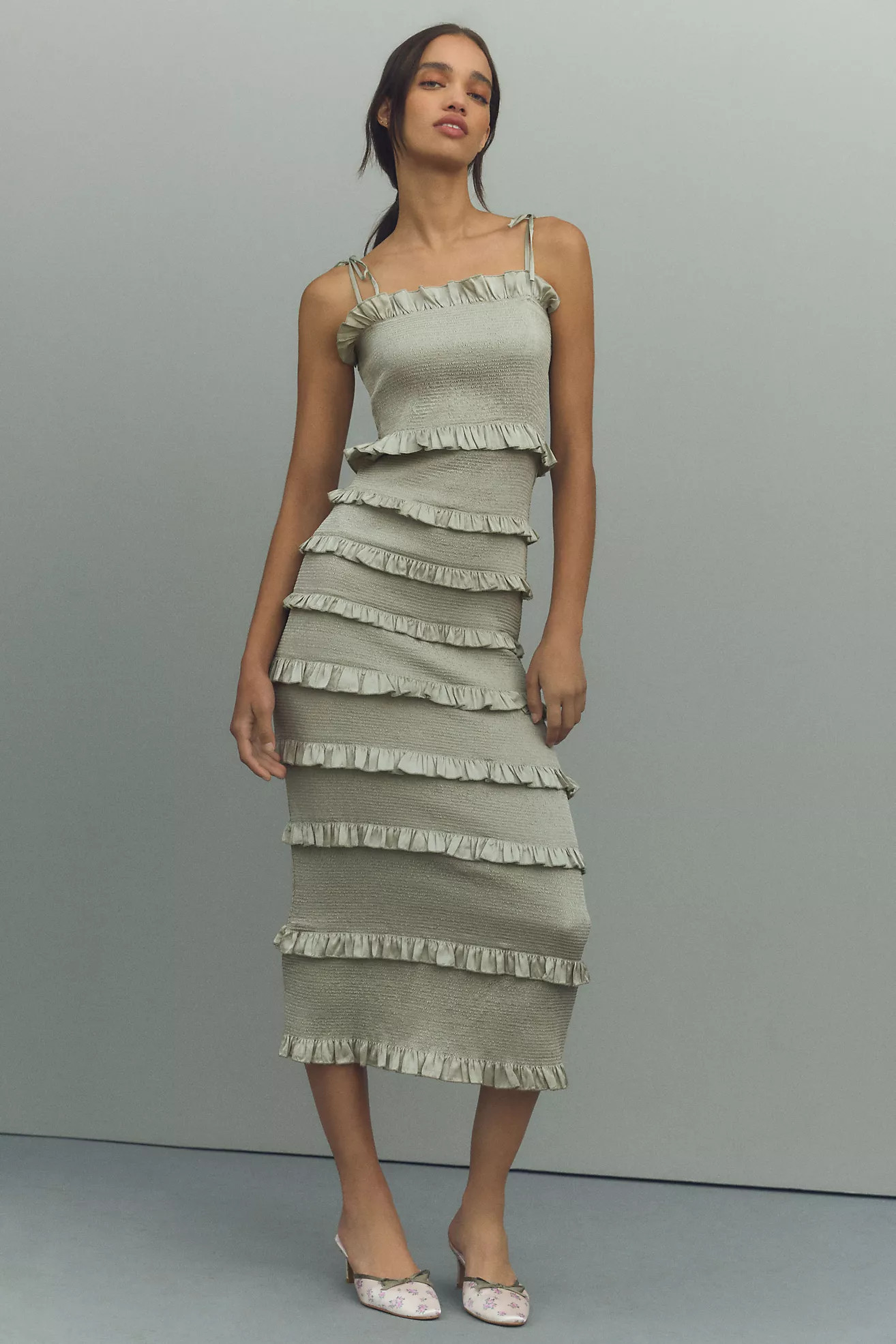 V. Chapman Lily Ruched & Ruffled Stretch Satin Midi Dress | Anthropologie (US)