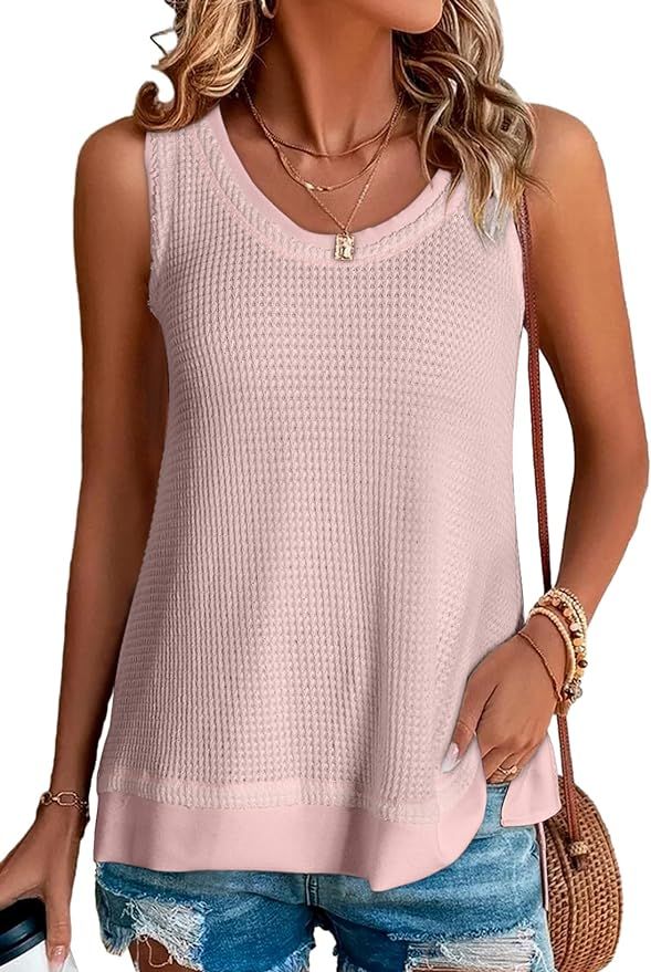 EVALESS Waffle Knit Tank Top for Women Summer 2024 Trendy Oversized Scoop Neck Sleeveless Tops | Amazon (US)