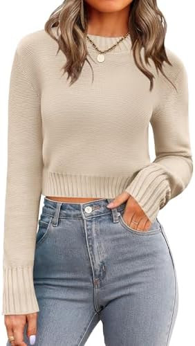 Zeagoo Women's 2025 Fall Crewneck Cropped Sweater Trendy Long Sleeve Ribbed Knit Pullover Jumper ... | Amazon (US)