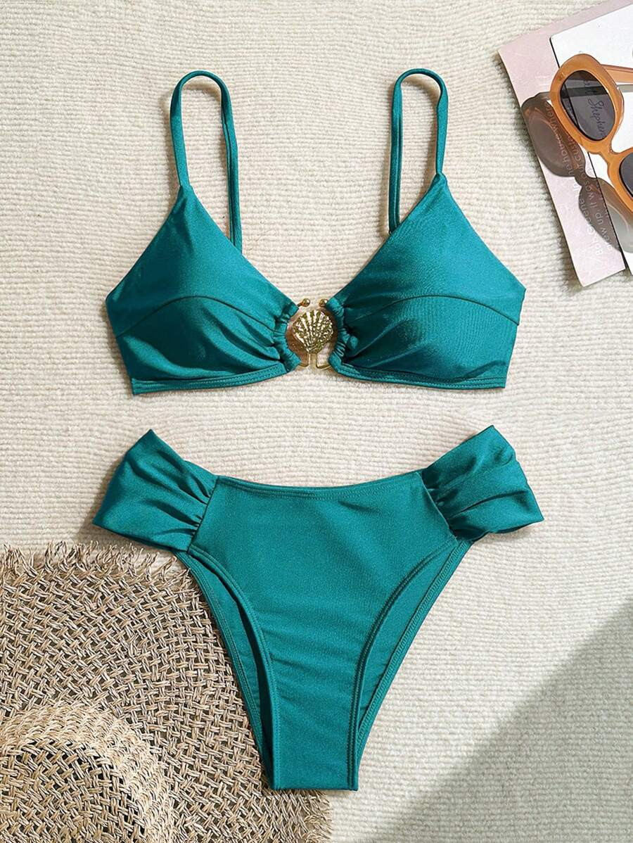 Swim Chiccia Women's Sexy Metal Accented High Cut Pleated Spaghetti Strap Bikini Set, All-Vegan B... | SHEIN