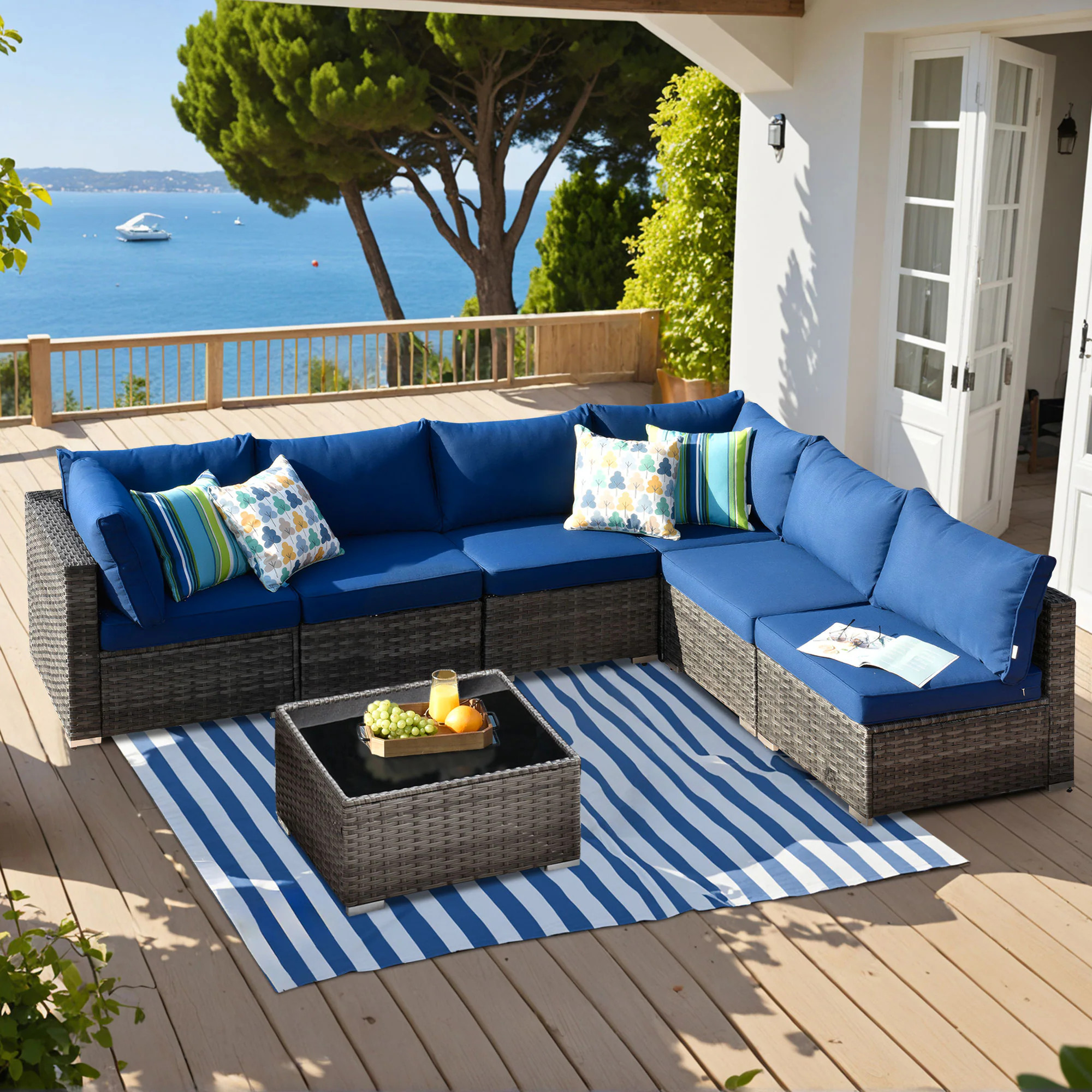 Ovios Wicker Outdoor Sectional with Navy Cushions and Iron Frame one_size | HP707 | Lowe's