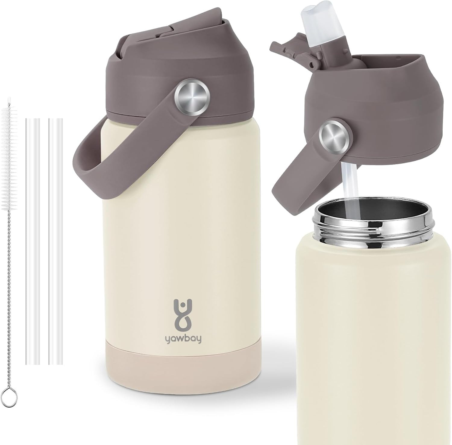 Kids Insulated Water Bottle with Straw Lid & Silicone Handle,12oz Kids Leak Proof Water Bottle for School Boys Girls,Double Wall Vacuum Stainless Steel with Non-slip Silicone Base(Beige) | Amazon (US)