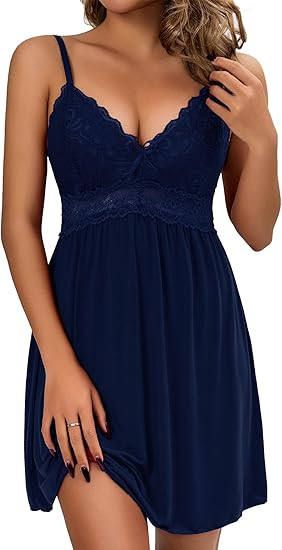 Women Lace Modal Nightwear Sleepwear Chemises V-Neck Full Slip Babydoll Nightgown | Amazon (US)