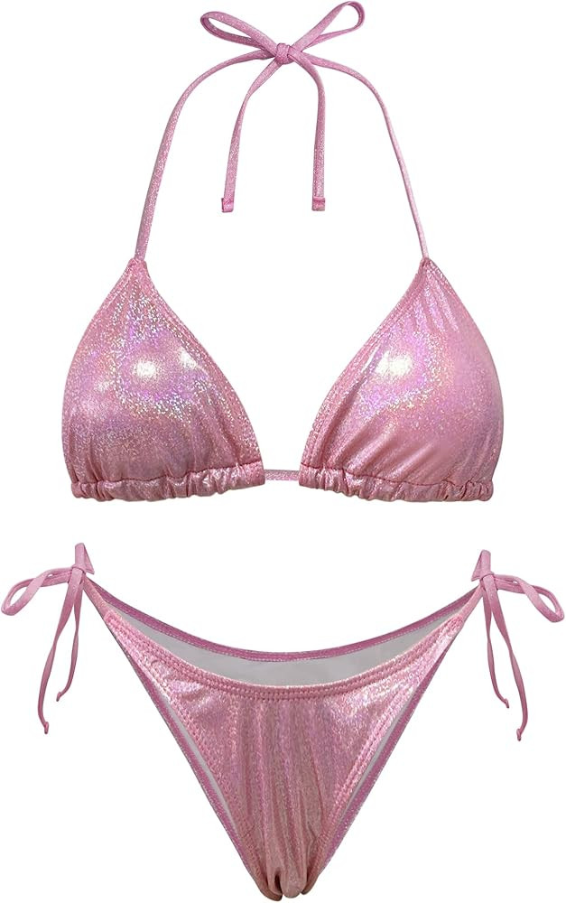 Metallic Bikini for Women - Retro Shiny Silver Gold Swimsuits Bathing Suit Triangle Tops Side Tie... | Amazon (US)