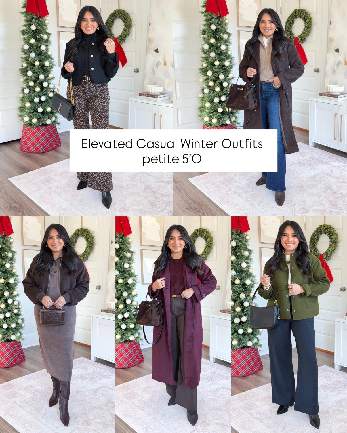 Elevated Casual Winter Outfits!
For reference: I’m 5’0, 32b bra size, and 2/26 in bottoms, pear shaped. 
*Everything I share is unaltered! TTS means true to size. Between size 5-6.6 in shoes

Black tweed jacket size xs TTS
Black turtleneck top size xxs TTS
Leopard pants size 4 - sized up a size 
Black boots size 5.5 TTS
Black belt size xs TTS

Dark coffee brown coat size xs petite TTS
Tan teak color pullover size xs TTS
White tee size xs petite TTS
Dark brown boots size 5.5 TTS

Brown bubble hem coat size xxs regular TTS
Brown sweater dress size xs TTS
Brown spiced pecan color boots size 5.5 TTS

Burgundy coat size xs petite TTS
Burgundy sweater size xs TTS
Dark coffee color wide leg trouser pants size xs petite TTS - this color is currently sold out but check back for a restock!
Brown boot size 5.5 TTS

Garden green jacket size 2 - sized up a size for a roomy fit
Cream sweater size xs TTS
Black pull on pants size xs short TTS
Black boot size 5.5 TTS

#LTKFindsUnder100 #LTKPetite #LTKSaleAlert