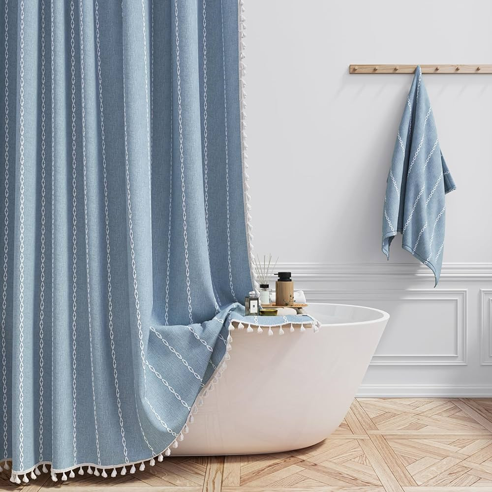 Boho Farmhouse Shower Curtain, Linen Rustic Weighted Striped Fabric Shower Curtain Set with Tasse... | Amazon (US)
