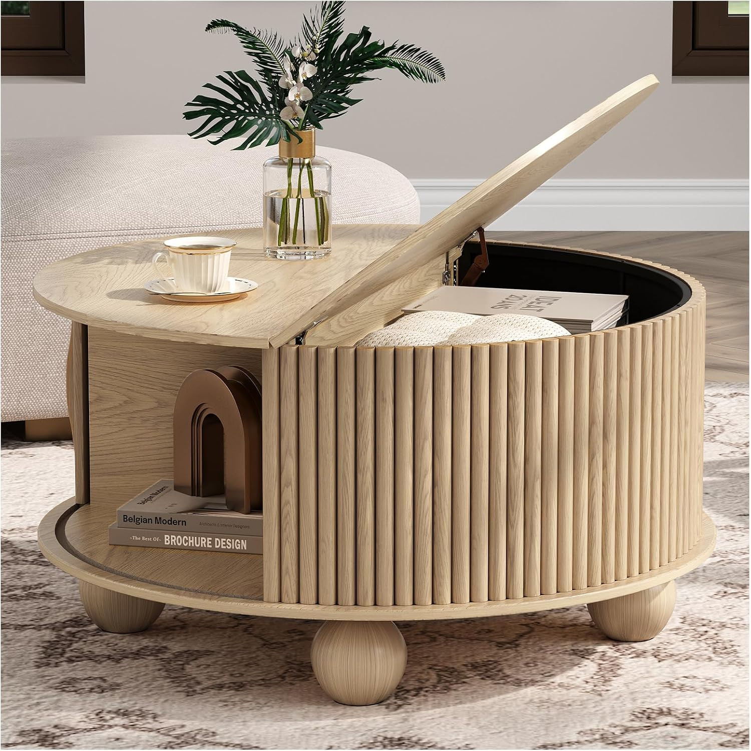 JOINICE 31.5" Round Coffee Table with Storage for Living Room,Natural Oak | Amazon (US)