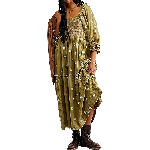 RZDYSQ Women Puff Sleeve Embroidered Maxi Dress, Square Neck Tiered Flowy A-Line Dress Green | Amazon (US)