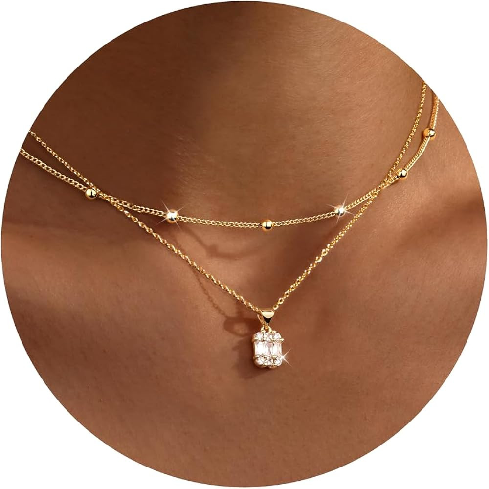 Silver Diamond Pendant Necklaces for Women, Layered Dainty 14K Gold Silver Plated Choker Chain Si... | Amazon (US)