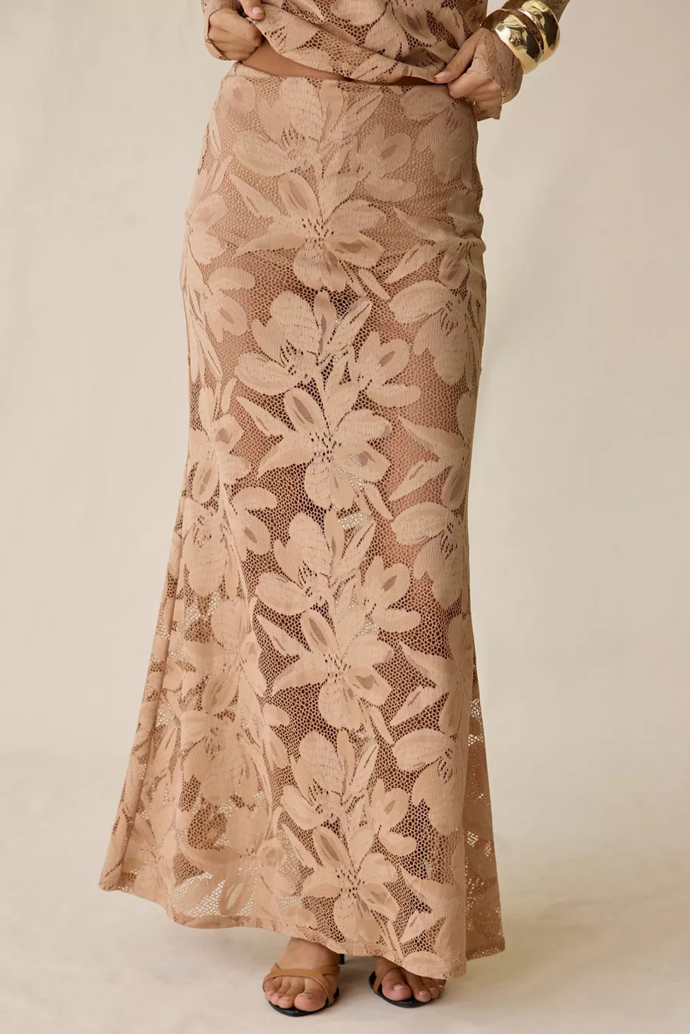 AFRM Tilly Almond Sheer Lace Maxi Skirt | Urban Outfitters (US and RoW)