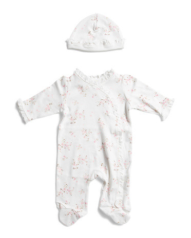 Newborn Girls Ruffled Floral Coveralls And Hat Set | TJ Maxx
